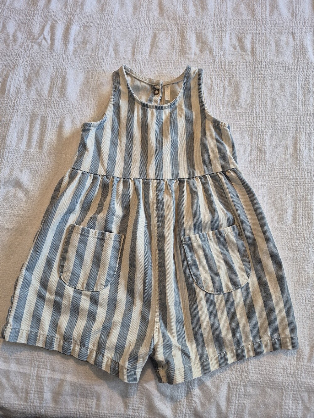 Rylee & Cru girls 6-7 years Dani Romper wide stripe off white, light blue VGUC